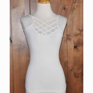 Suzette White Lattice Front Body Hugging Stretch Activewear Sleeveless Bodysuit